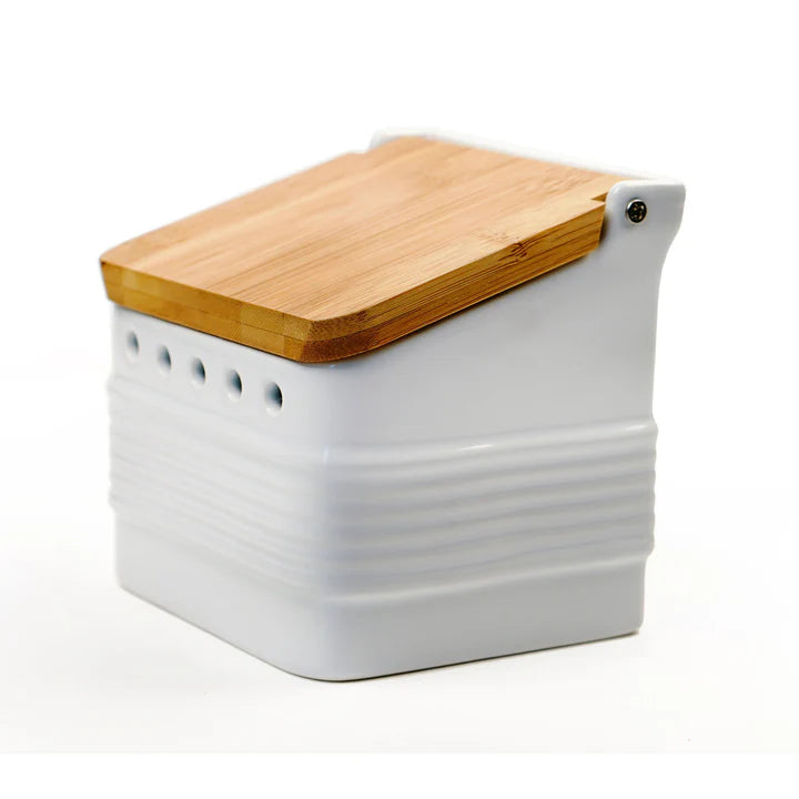 Stoneware Garlic Keeper, White, Bamboo Lid