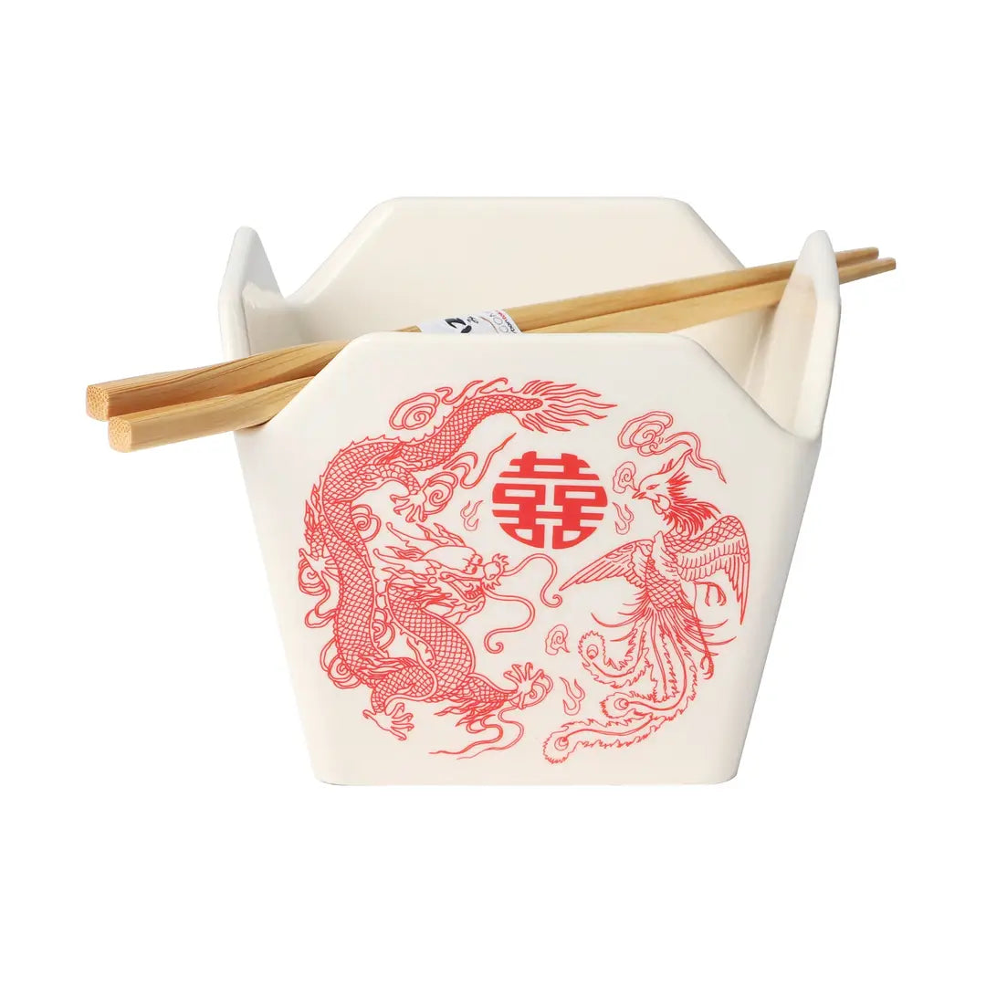 White, Red Phoenix Takeout Box Donburi Bowl & Chopsticks Set
