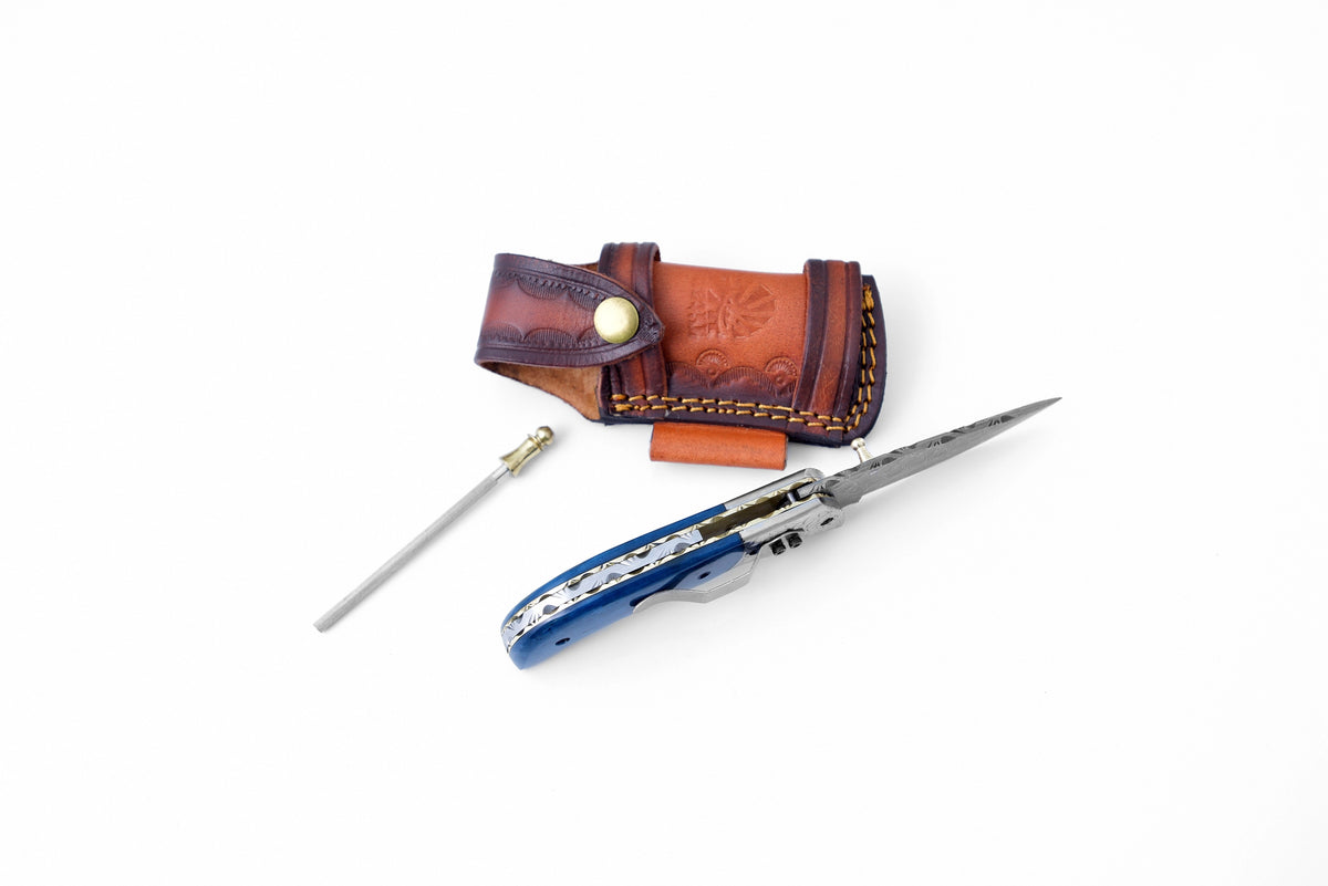 Folding Knife, Damascus, Blue Bone