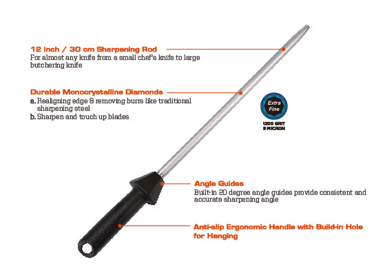 12" Diamond Sharpening Rod, Extra Fine