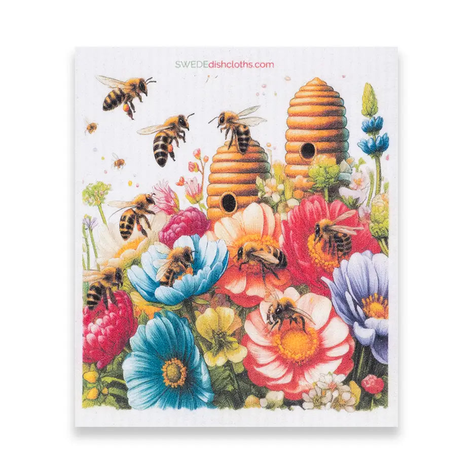 Swedish Dishcloth, Bees and Spring Flowers