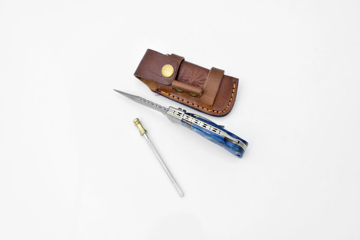 Folding Knife, Damascus, Blue, Belt Clip