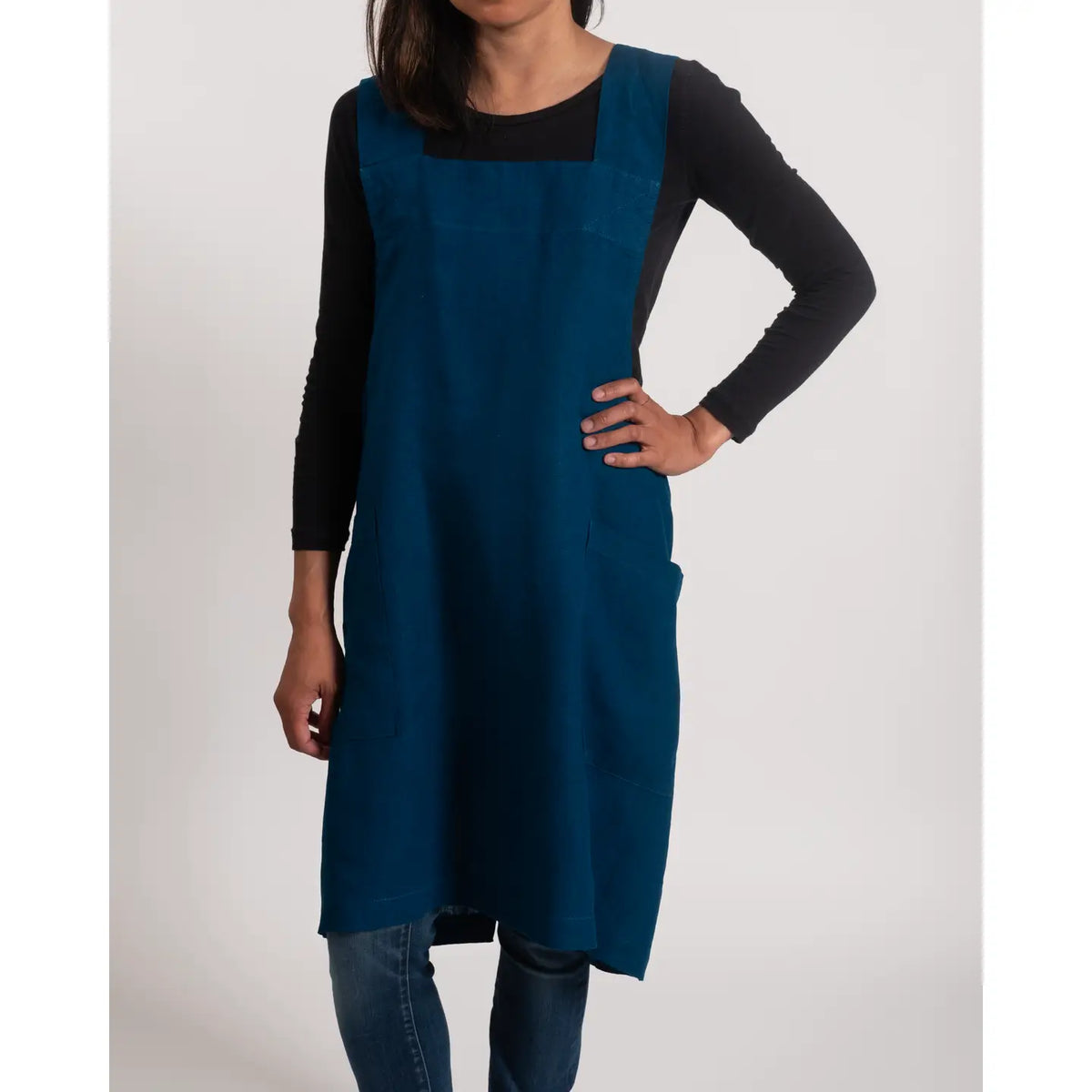 Navy Stone Washed Linen Cross Back Smock Apron