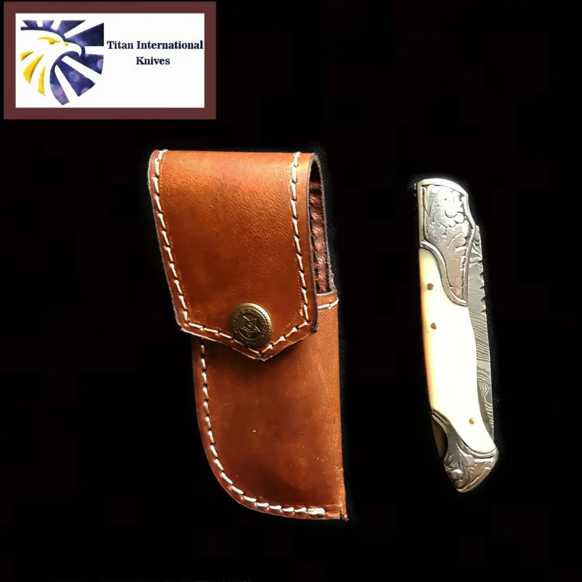 Handmade Camel Bone Handle Folding Knife, Engraved Bolster, Leather Sheath
