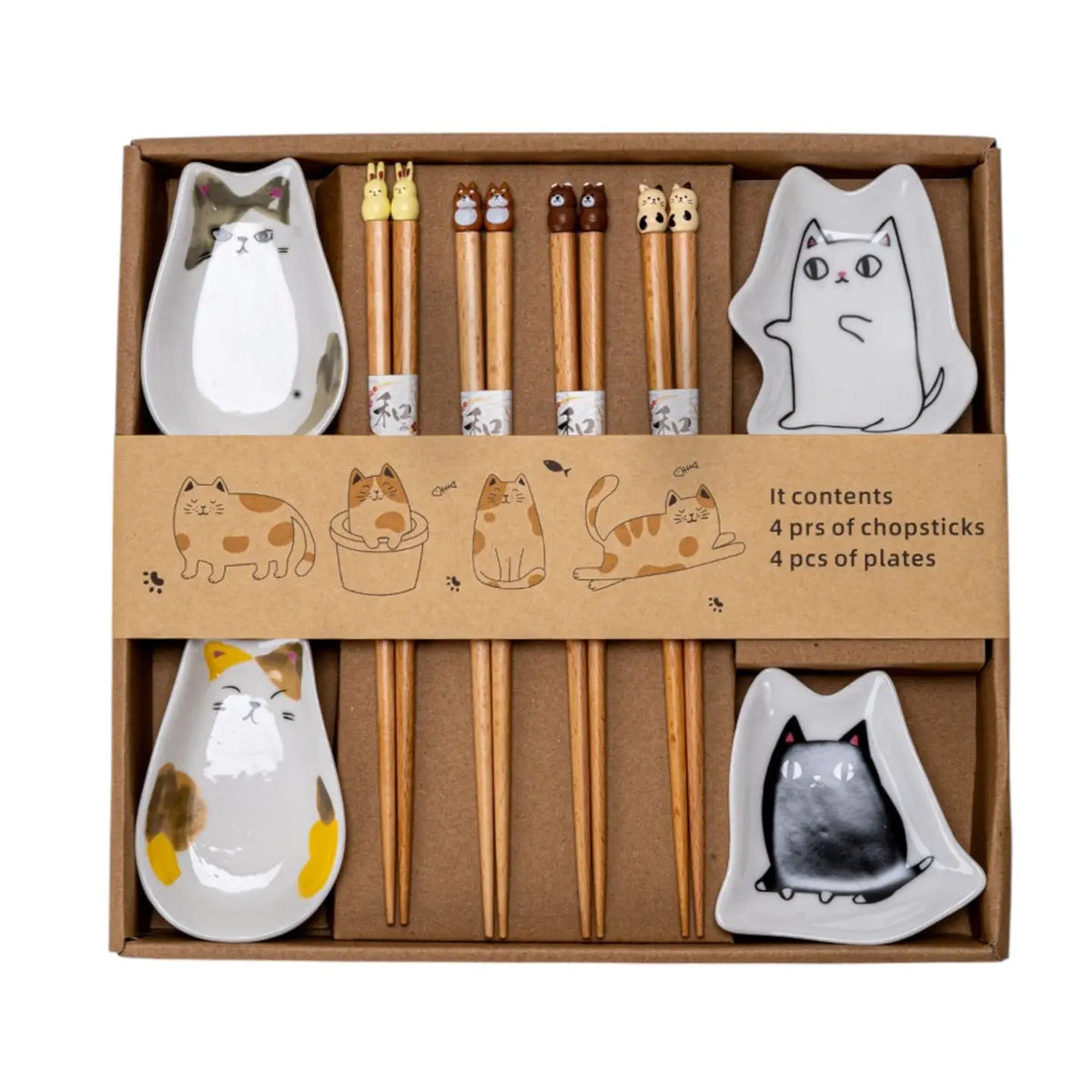 Cute Cats 4 Pair Wooden Chopsticks and Sauce Dish Gift Set