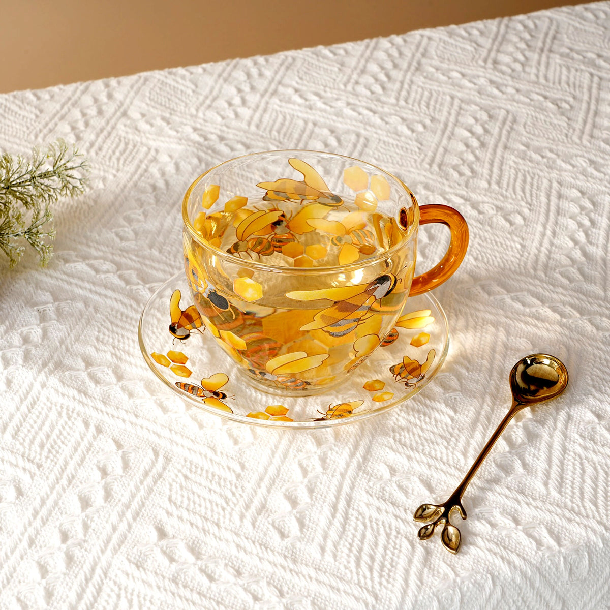 Glass 12oz Honey Bee Teacup and Saucer, Individual