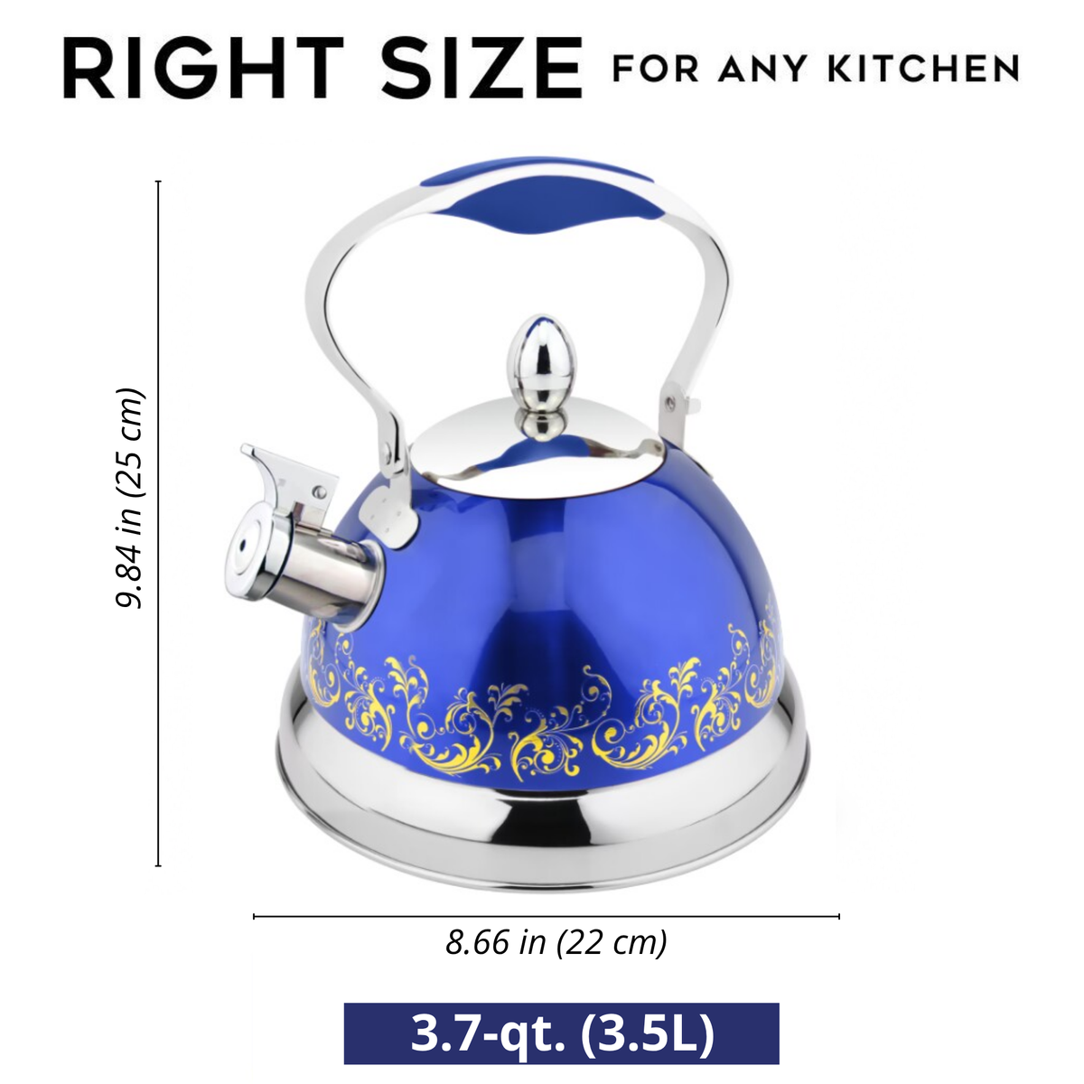 Blue 3.7qt Stainless Steel Whistling Kettle, with Gold Scroll Design