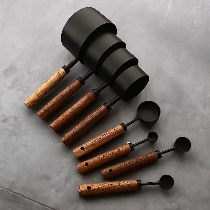 Wood Handle Black Stainless Steel Measuring Spoons Set of 4