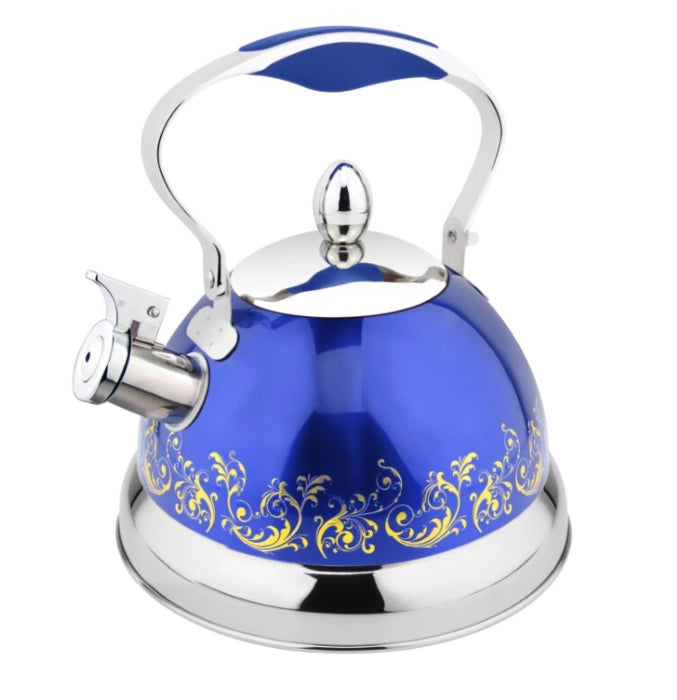 Blue 3.7qt Stainless Steel Whistling Kettle, with Gold Scroll Design