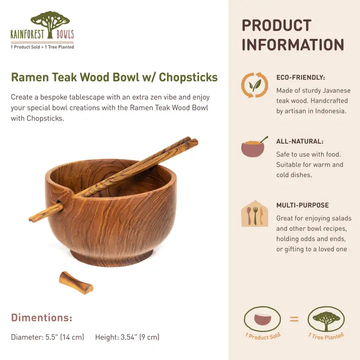 Teak 5.5" Ramen Wood Bowl w/ Chopsticks