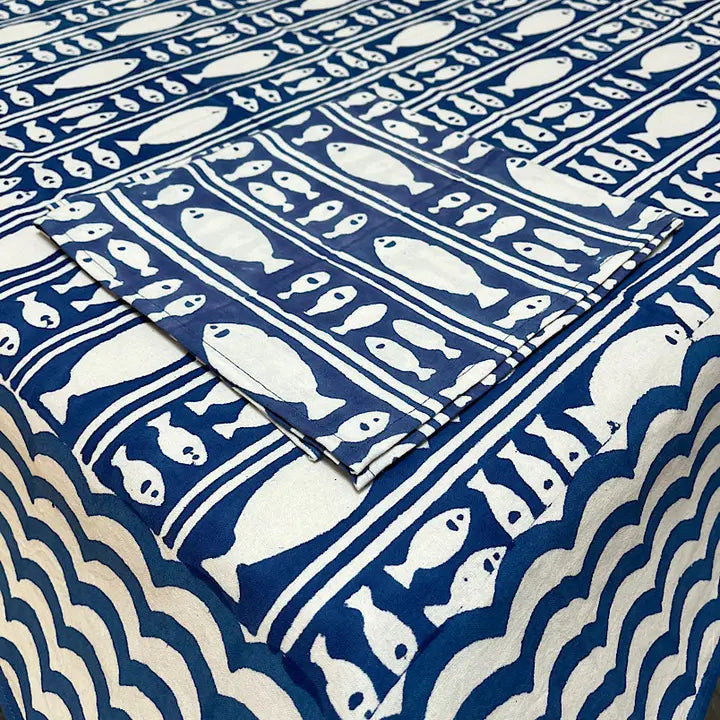60x120 Blue Fish Striped Tablecloth