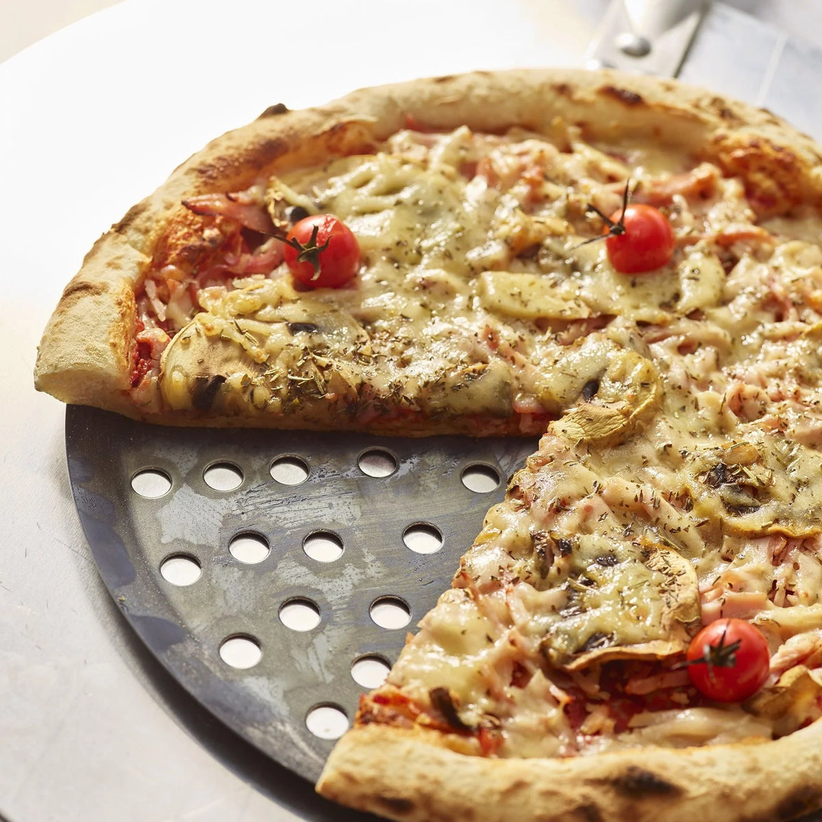 12.5" Perforated Blue Steel Pizza Pan Tray