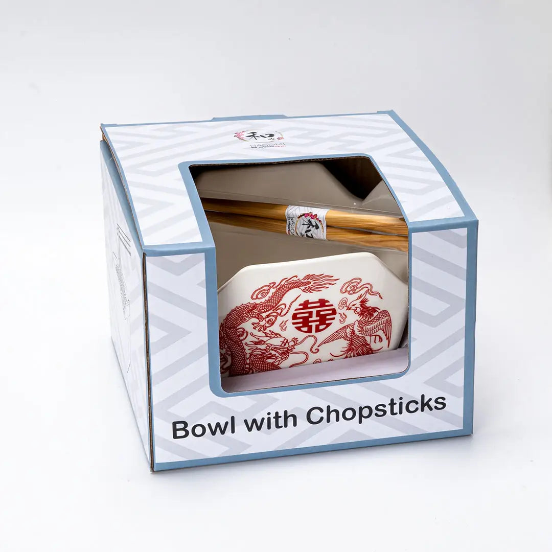 White, Red Phoenix Takeout Box Donburi Bowl & Chopsticks Set