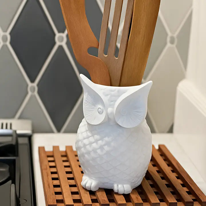 White Owl Ceramic Utensil Crock