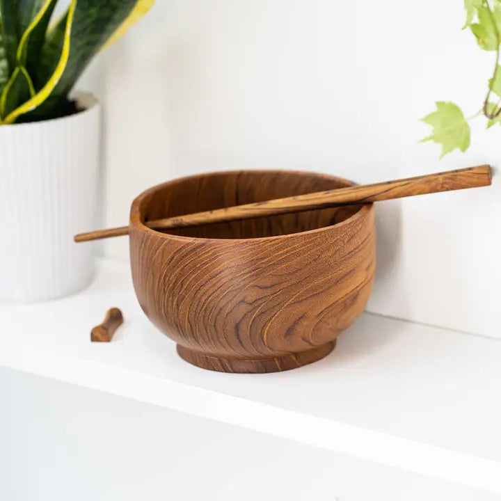 Teak 5.5" Ramen Wood Bowl w/ Chopsticks