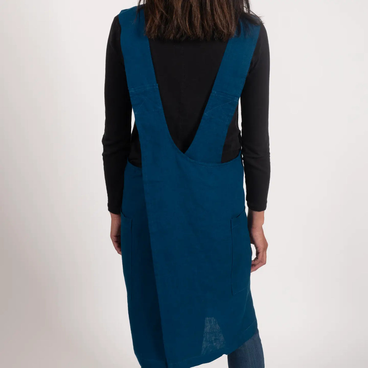 Navy Stone Washed Linen Cross Back Smock Apron
