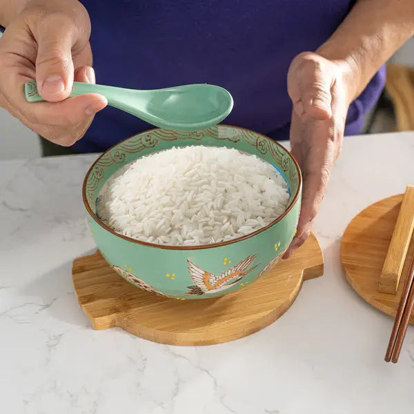 Japanese Crane Bowl w/ Chopsticks, Spoon, Lid and Trivet Set
