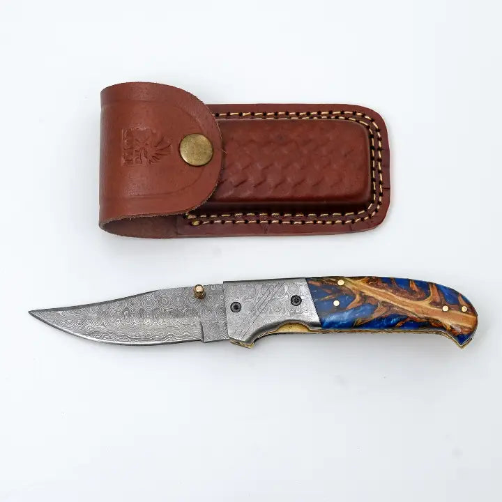 Blue Resin & Burl Wood Handle with Pocket Clip & Spine File Work | Hand-Forged Damascus Folding Pocket Knife