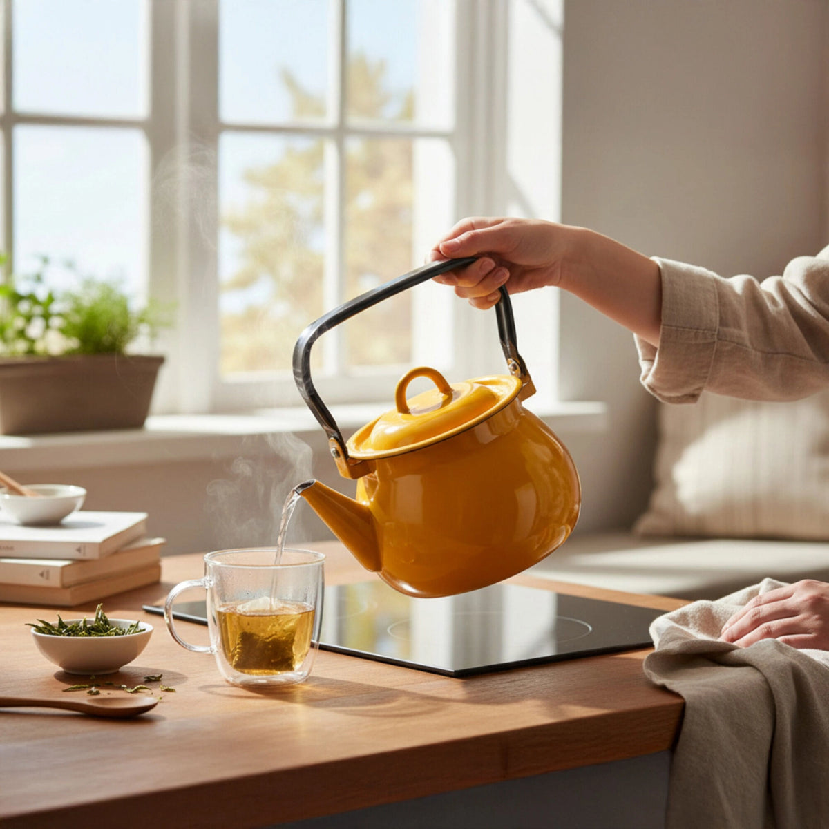 Mustard 2.7qt Vintage Enamel Kettle with Metal Handle