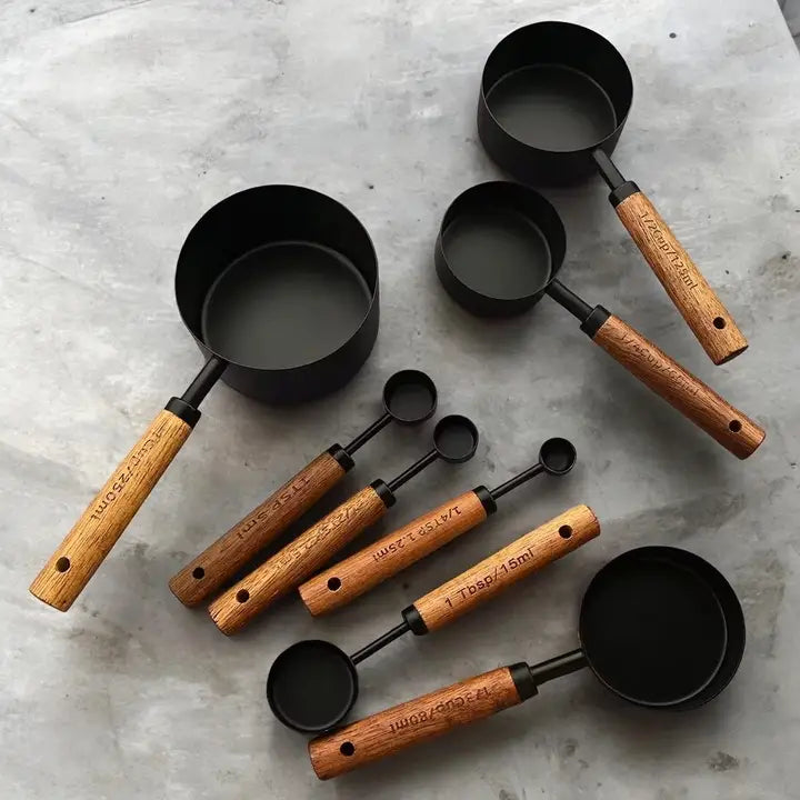 Wood Handle Black Stainless Steel Measuring Cups Set of 4