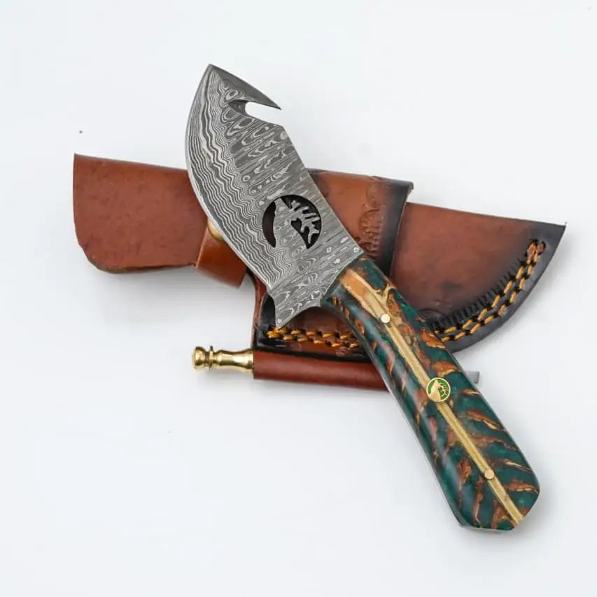 4" Guthook Damascus Hunting Knife, Green & Bronze Handle