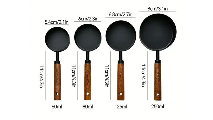 Wood Handle Black Stainless Steel Measuring Cups Set of 4