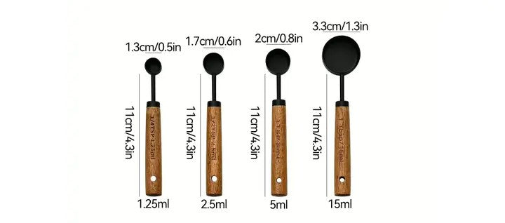 Wood Handle Black Stainless Steel Measuring Spoons Set of 4