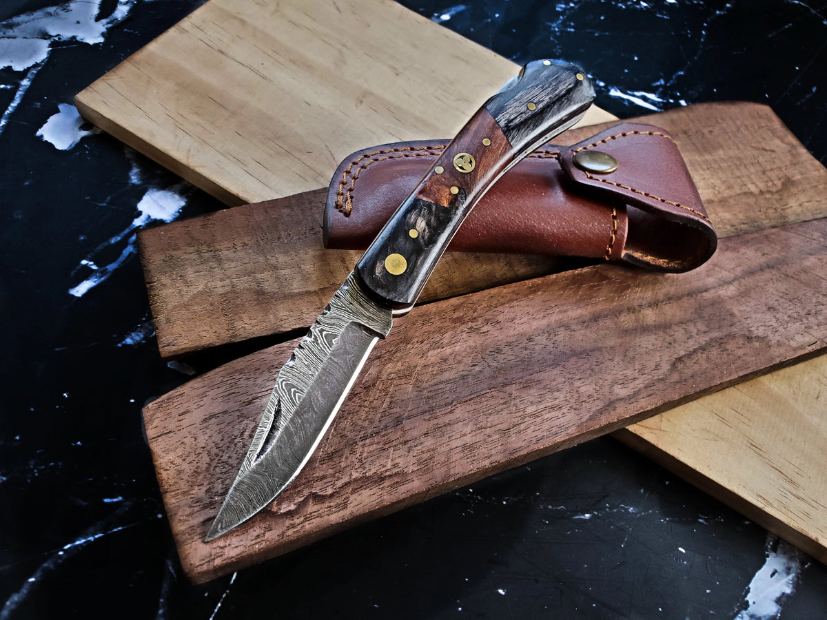 Folding Knife, Damascus, Pakka & Walnut Wood EDC