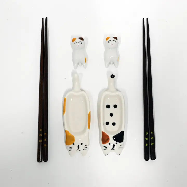 Cat Soy Dish, Chopsticks, and Rest 2 Set - Gift Set