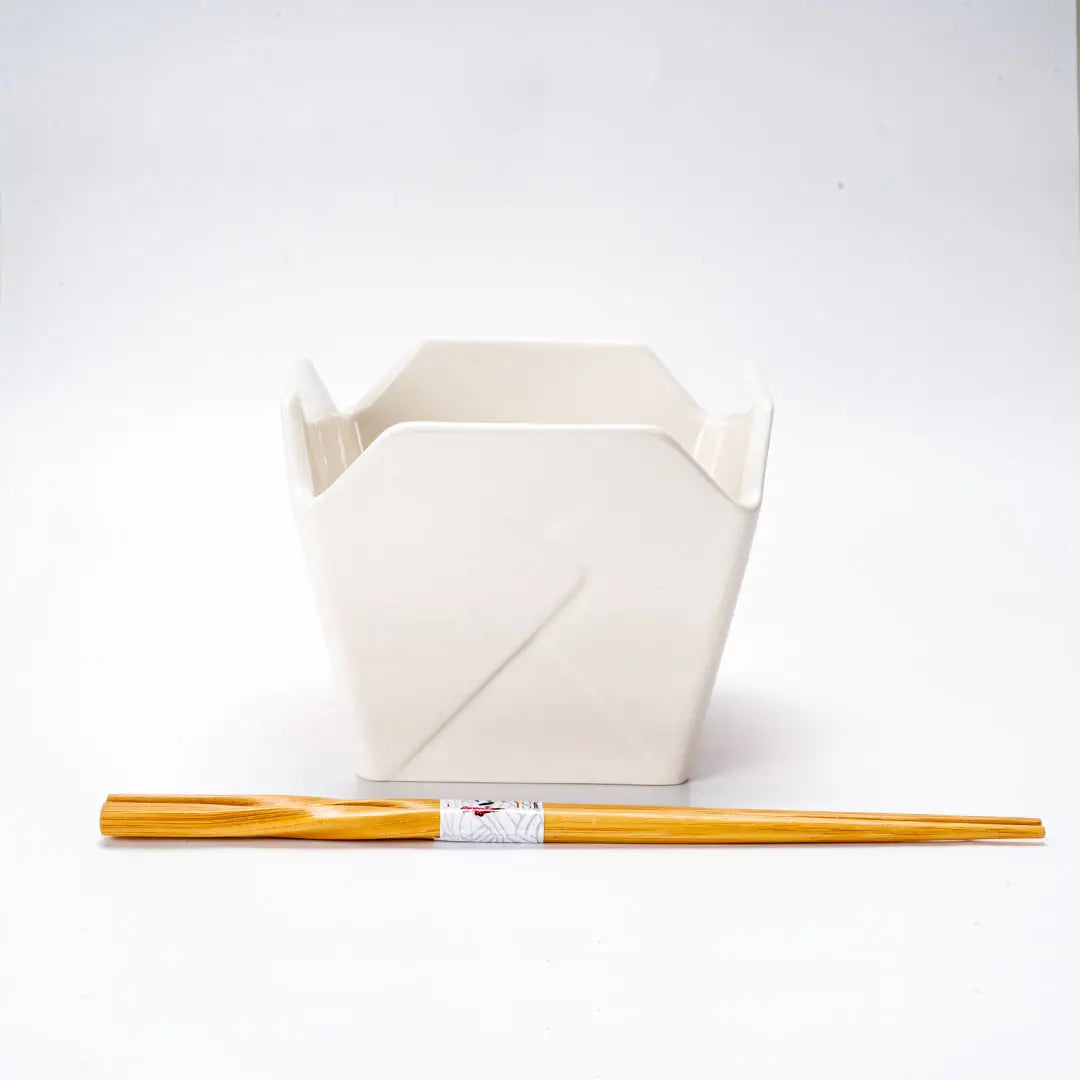 White, Red Phoenix Takeout Box Donburi Bowl & Chopsticks Set