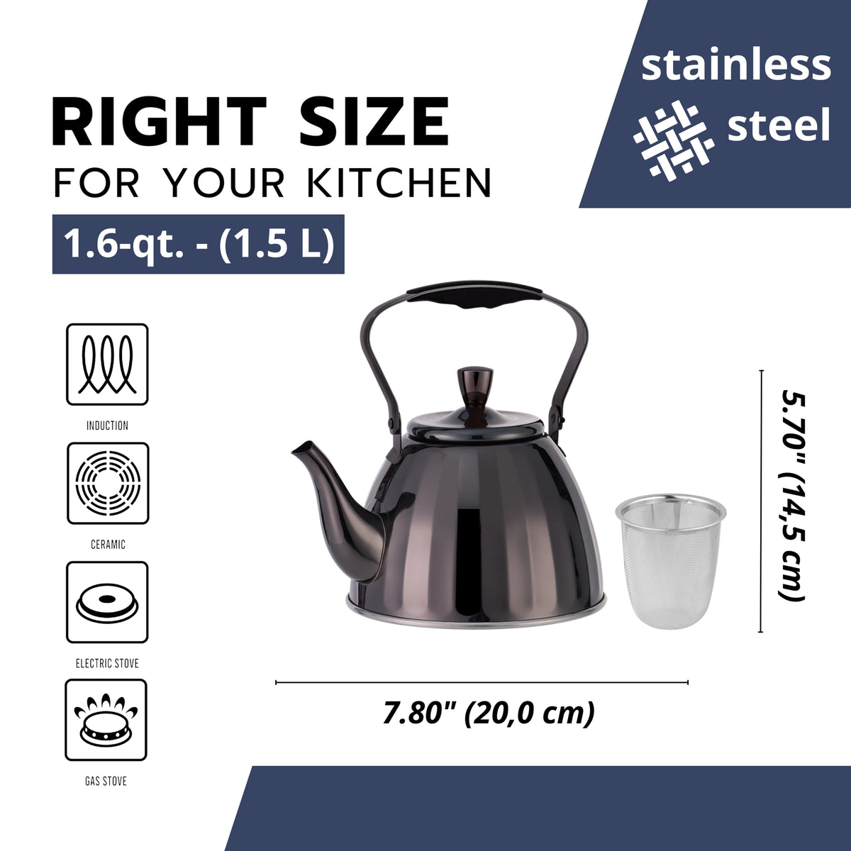 Black 1.6qt Stainless Steel Kettle With Tea Infuser