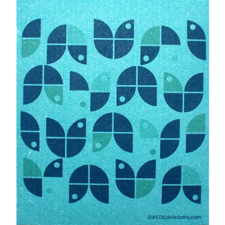 Swedish Dishcloth, Geo Flowers Blue On Blue