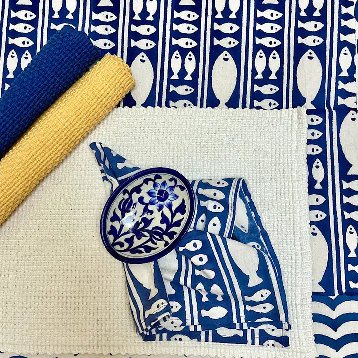 85" Round Blue Fish Stripe Tablecloth