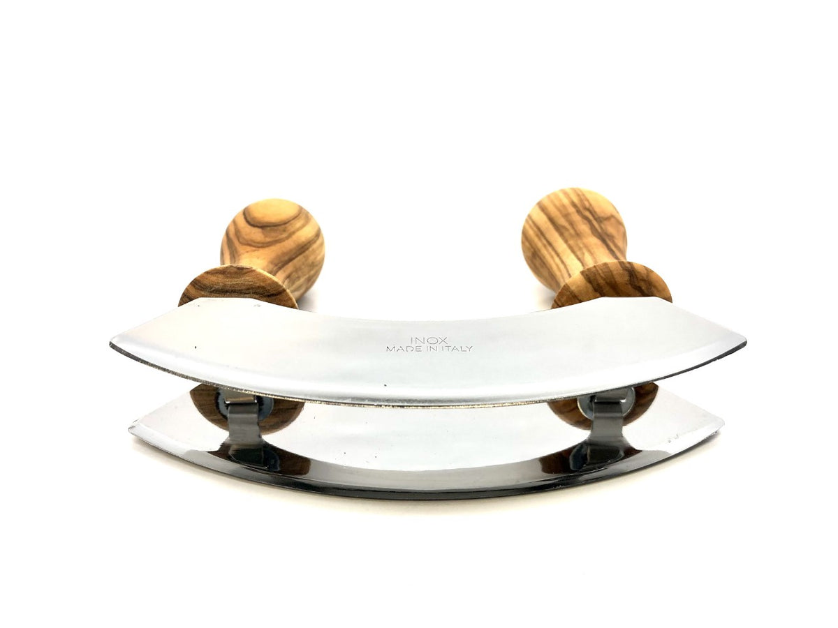 Olive Wood Mezzaluna, Stainless Steel Blade