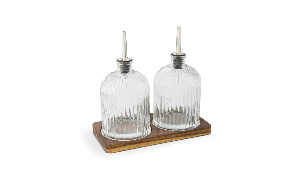 Silver 16.9oz S/2 Fluted Glass Cruets with Acacia Base