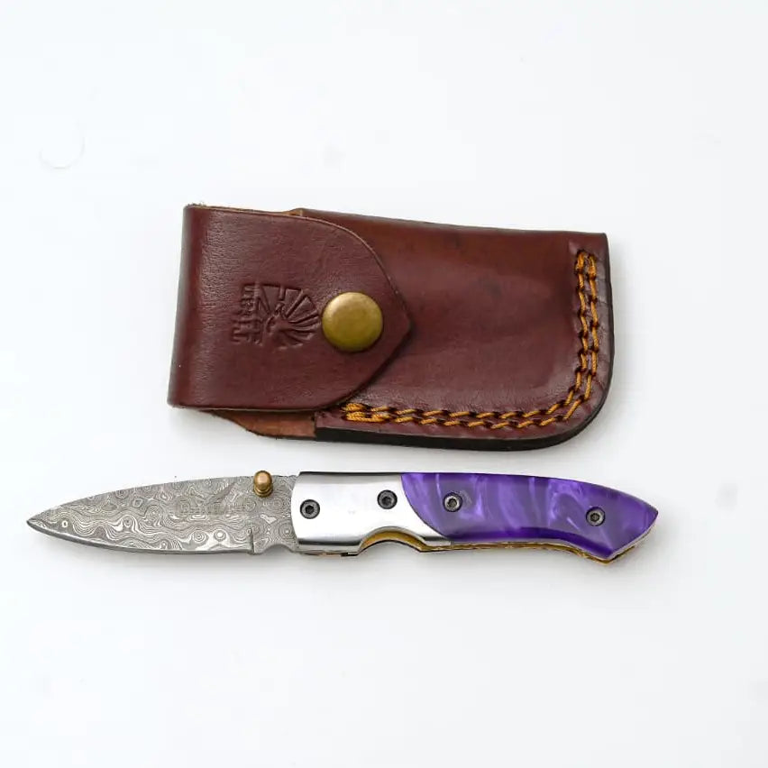Handmade Damascus Folding Pocket Knife with Purple Resin Handle & Leather Sheath