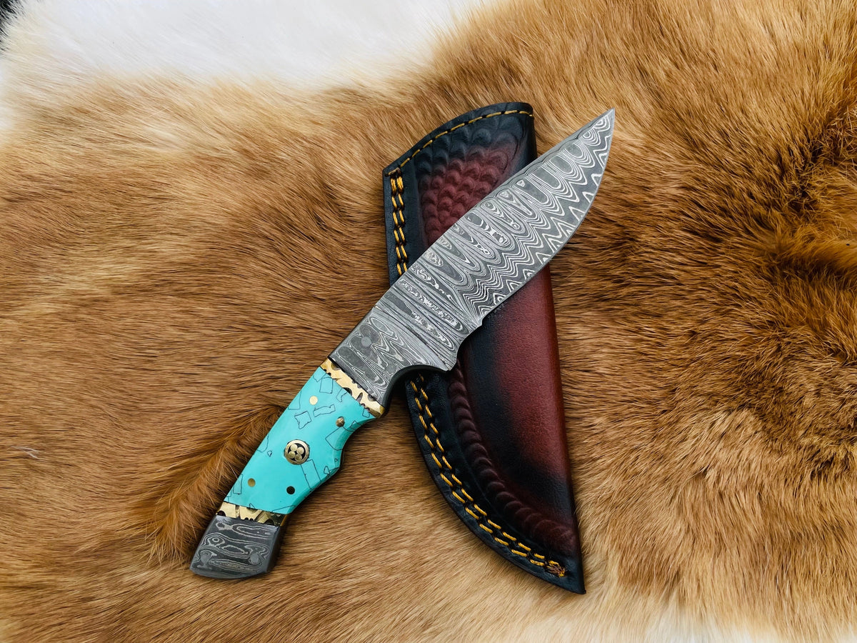 Utility Knife, Damascus, Azure, Turquoise Resin