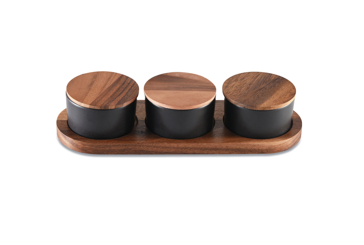 Acacia Condiment Tray With 3 Black Bowls