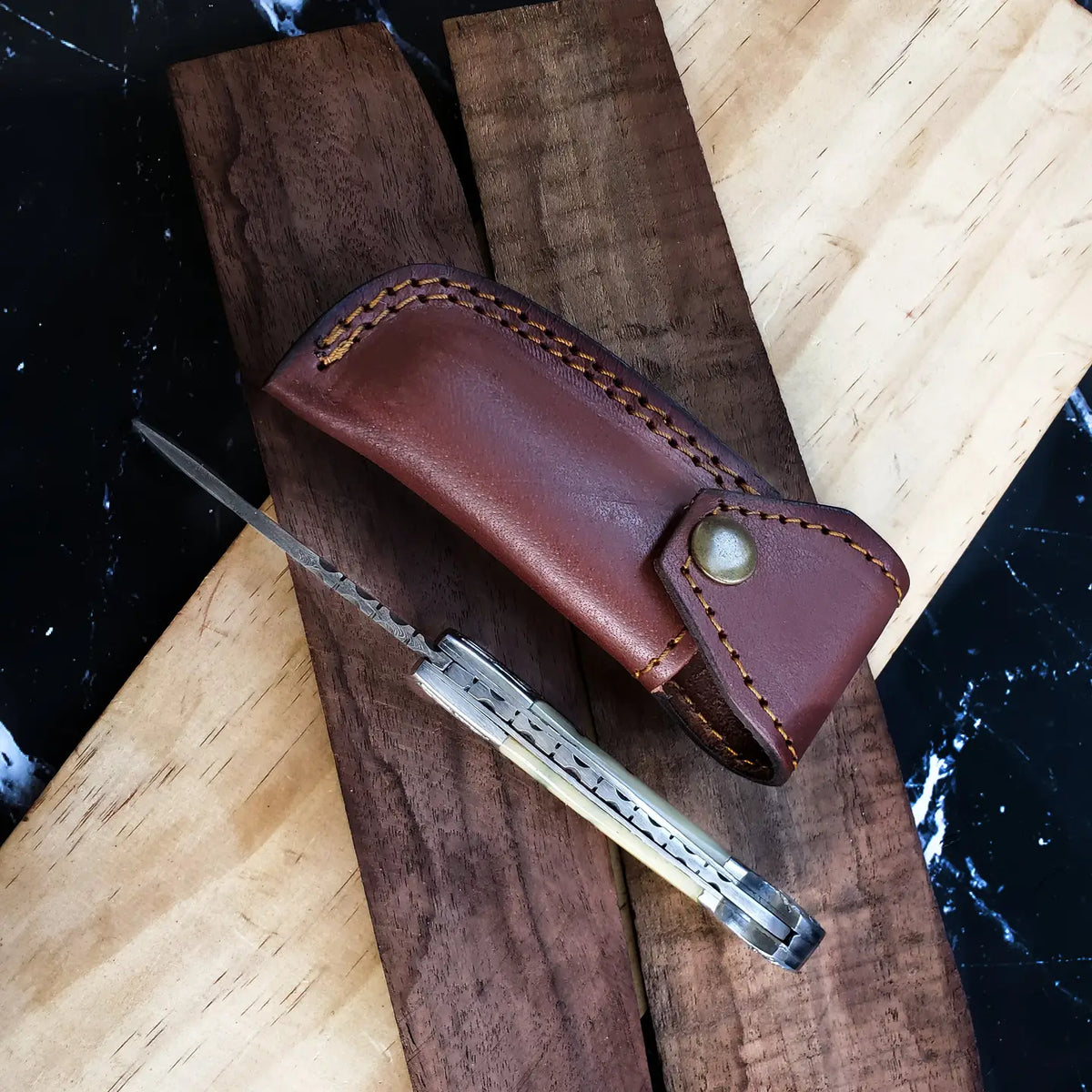 Handmade Camel Bone Handle Folding Knife, Engraved Bolster, Leather Sheath