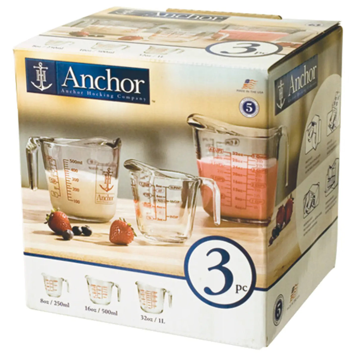 3 Piece Glass Measuring Cups, Anchor Hocking