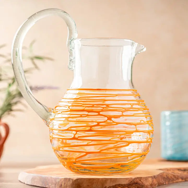 Pitcher Handblown Glass Orange Swirl