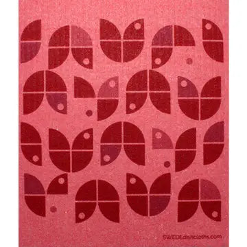 Swedish Dishcloth, Geo Flowers Red On Red