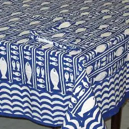 60x120 Blue Fish Striped Tablecloth